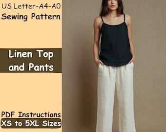 May include: A woman wearing a black linen top and cream-colored linen pants. The image includes text that reads "Linen Top and Pants" and "PDF Instructions XS to 5XL Sizes". The sewing pattern is US Letter-A4-A0.