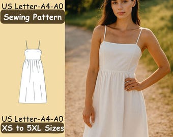 Summer Dress Sewing Pattern, Spaghetti Strap Dress Design, Easy Beginner Dress Pattern, DIY Midi Dress, Women's Dress Sewing Project