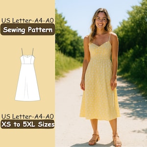 May include: A yellow sundress with a white floral pattern. The dress has thin straps and a fitted bodice. The image also shows a sewing pattern for the dress, with text that reads "US Letter-A4-A0 Sewing Pattern" and "XS to 5XL Sizes."