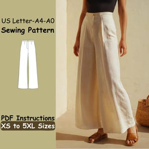 Women Pants Sewing Pattern - Long Wide Leg Trousers PDF Pattern - Loose Pants Pattern - Comfy DIY Pants Beginner Sewing Pattern