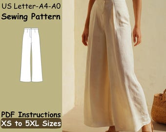 Women Pants Sewing Pattern - Long Wide Leg Trousers PDF Pattern - Loose Pants Pattern - Comfy DIY Pants Beginner Sewing Pattern