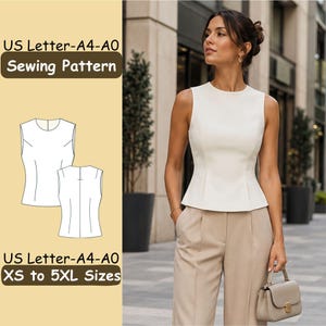 May include: A sewing pattern for a sleeveless white peplum top with a round neckline, featuring technical line drawings of the front and back views. The text reads US Letter-A4-A0 Sewing Pattern and US Letter-A4-A0 XS to 5XL Sizes.