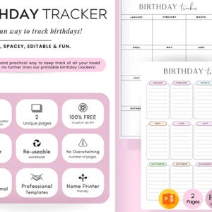 Planificador de cumpleaños personalizable / Organizador imprimible editable / Rastreador de cumpleaños en PDF / Tamaños A4, A5 y Carta / Minimalista, Apto para imprimir en casa
