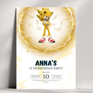 Cartes d'invitation d'anniversaire Super Sonic, invitations en ligne, invitation d'anniversaire Sonic 3 Sonic, décoration de fête, invitation de fête, invitation d'anniversaire pour enfants