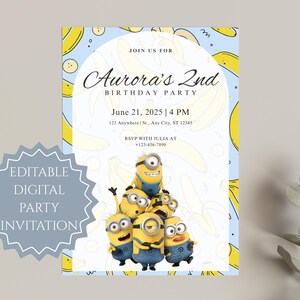 Ich einfach Unverbesserlich Minion Themed Kindergeburtstagsparty Print-Out-Einladung Agnes Gru Minions Einhorn-Luftballons Bearbeitbar Bob Stuart Kevin