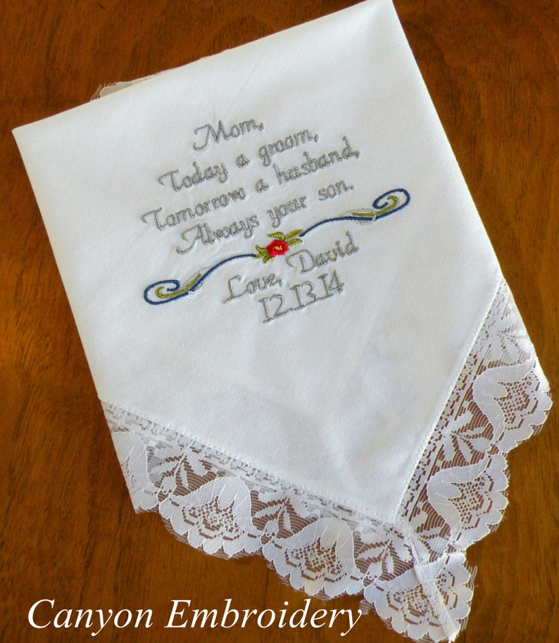 MOM Mother InLaw From Groom to Mom Grooms mom Fiance Mom Gift By Canyon Embroidery Embroidered Wedding Handkerchief Wedding Bell Lace