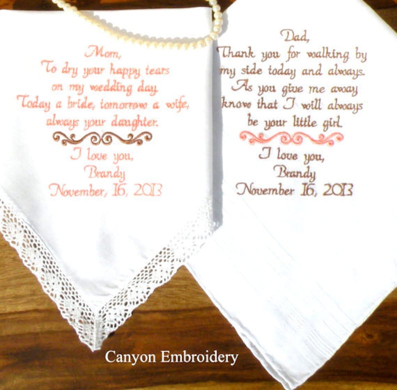 Embroidered Wedding Gifts By Canyon Embroidery Handkerchiefs Embroidered Wedding Handkerchiefs Mother /& Father of the Bride Wedding Gift