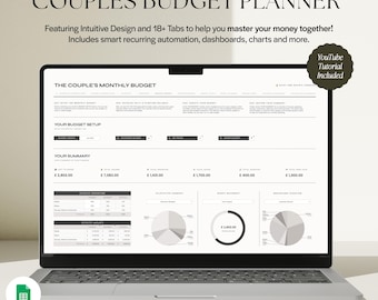 May include: A laptop screen displaying a digital Couples Budget Planner in Google Sheets. The interface features sections for monthly budget setup, financial summaries, allocation charts, and money movement tracking with text in English.