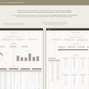 May include: A screenshot of a website showing a guest list and seating plan. The website has a light gray background with dark gray text. The guest list section shows a pie chart, a bar graph, and a table. The seating plan section shows a table with a list of guests and their assigned seats.
