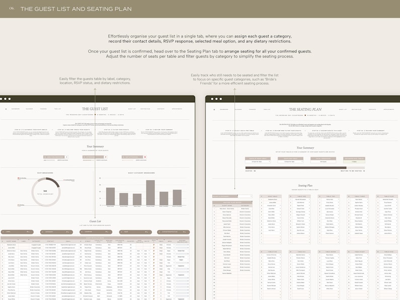 May include: A screenshot of a website showing a guest list and seating plan. The website has a light gray background with dark gray text. The guest list section shows a pie chart, a bar graph, and a table. The seating plan section shows a table with a list of guests and their assigned seats.