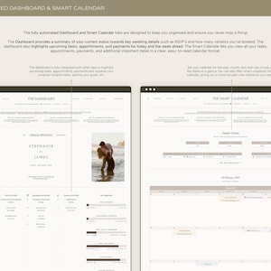 May include: A screenshot of a computer screen showing a wedding planning dashboard and calendar. The dashboard has a section for RSVPs, tasks, appointments, and payments. The calendar is a monthly view with events marked.