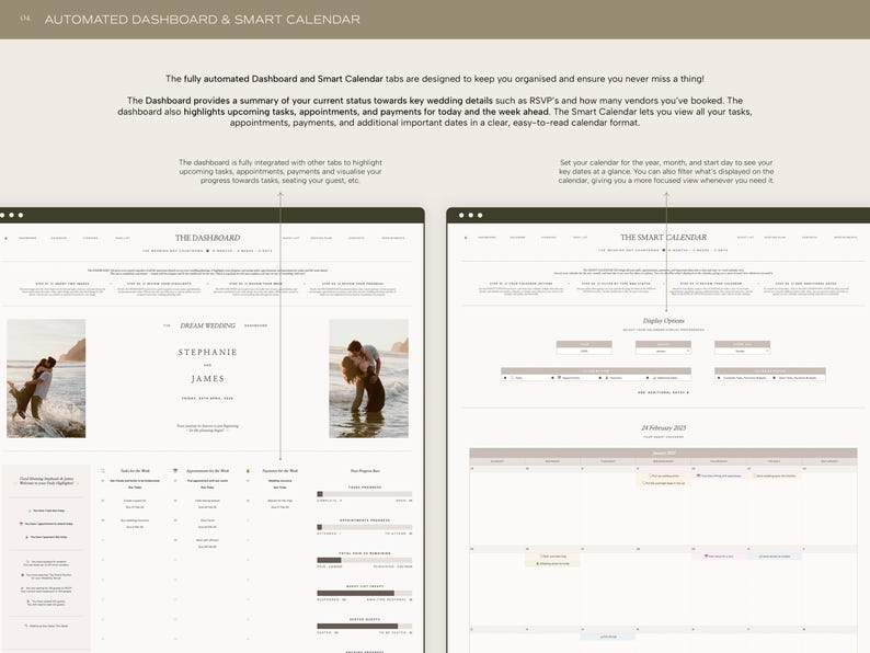 May include: A screenshot of a computer screen showing a wedding planning dashboard and calendar. The dashboard has a section for RSVPs, tasks, appointments, and payments. The calendar is a monthly view with events marked.