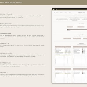 May include: A beige and brown digital wedding planner with the title "The Ultimate Wedding Planner" and a section titled "The Task List". The planner includes sections for all-in-one planning, smart automation, beginner friendly, Google Sheets, available anywhere, instant download, and here to help.