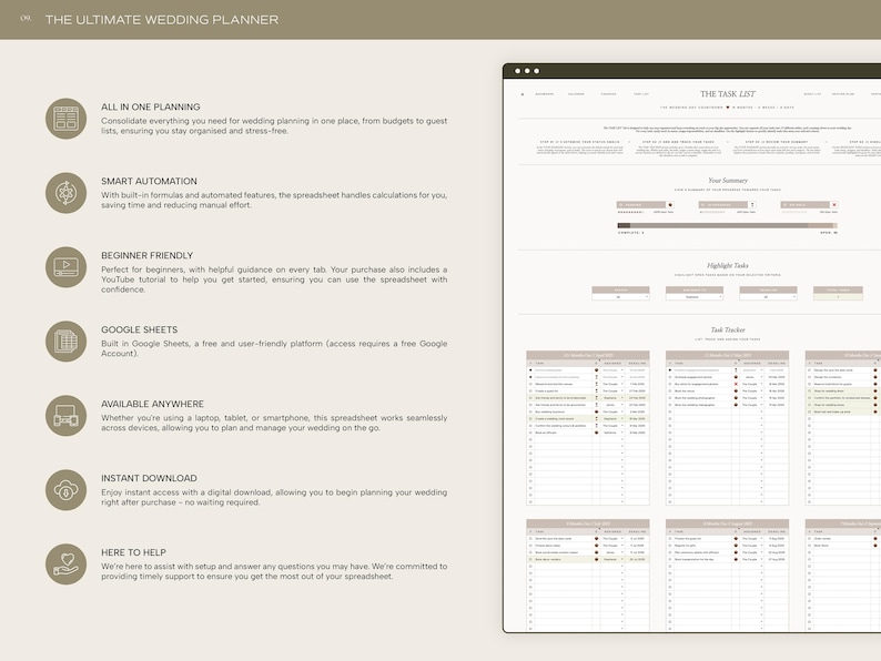 May include: A beige and brown digital wedding planner with the title "The Ultimate Wedding Planner" and a section titled "The Task List". The planner includes sections for all-in-one planning, smart automation, beginner friendly, Google Sheets, available anywhere, instant download, and here to help.