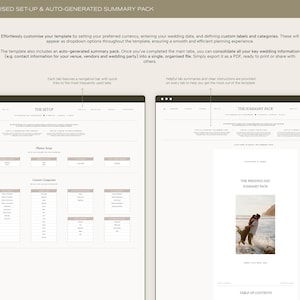 May include: A screenshot of a website showing a template for wedding planning. The website has two sections, "The Setup" and "The Summary Pack". The "The Setup" section has a list of categories for wedding planning, such as "Guest List", "Venue", and "Budget". The "The Summary Pack" section has a list of wedding details, such as the wedding date, the wedding location, and the wedding budget.