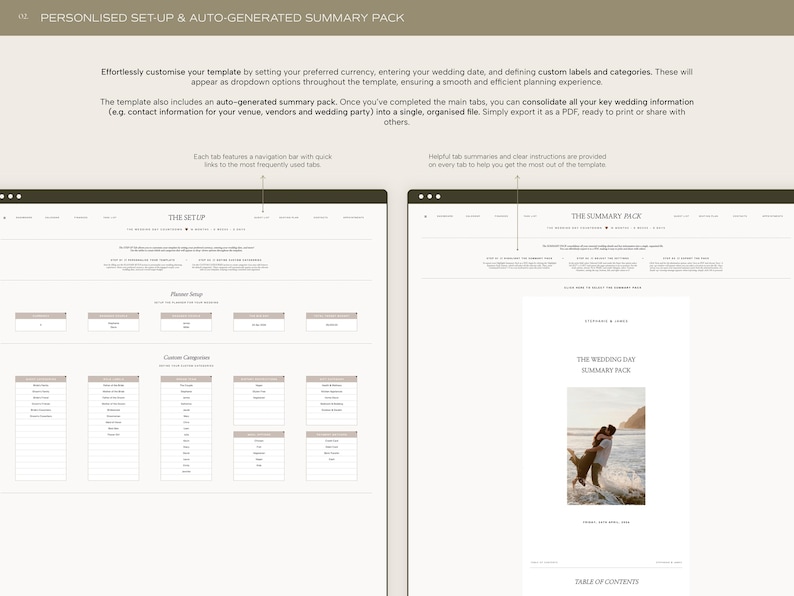 May include: A screenshot of a website showing a template for wedding planning. The website has two sections, "The Setup" and "The Summary Pack". The "The Setup" section has a list of categories for wedding planning, such as "Guest List", "Venue", and "Budget". The "The Summary Pack" section has a list of wedding details, such as the wedding date, the wedding location, and the wedding budget.