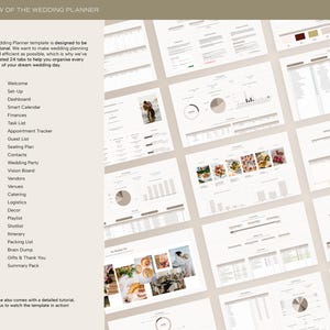 May include: A screenshot of a wedding planner template with 24 tabs, including Welcome, Set-Up, Dashboard, Smart Calendar, Finances, Task List, Appointment Tracker, Guest List, Seating Plan, Contacts, Wedding Party, Vision Board, Vendors, Venues, Catering, Logistics, Decor, Playlist, Shotlist, Itinerary, Packing List, Brain Dump, Gifts & Thank You, and Summary Pack. The template is designed to be intuitive and functional, helping to organize every detail of a wedding.