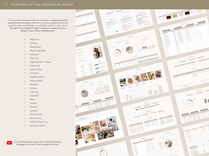 May include: A screenshot of a wedding planner template with 24 tabs, including Welcome, Set-Up, Dashboard, Smart Calendar, Finances, Task List, Appointment Tracker, Guest List, Seating Plan, Contacts, Wedding Party, Vision Board, Vendors, Venues, Catering, Logistics, Decor, Playlist, Shotlist, Itinerary, Packing List, Brain Dump, Gifts & Thank You, and Summary Pack. The template is designed to be intuitive and functional, helping to organize every detail of a wedding.