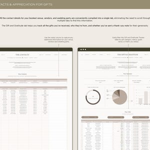 May include: A screenshot of a computer screen showing a spreadsheet with the title "The Contacts". The spreadsheet has columns for name, email, phone number, and notes. There is also a pie chart showing the percentage of gifts received by category.