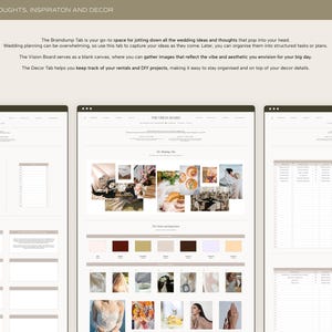 May include: Three computer screens showing a wedding planning website with tabs for "The Braindump", "The Vision Board", and "The Decor". The Vision Board tab shows a mood board with images of wedding decor, flowers, and dresses.