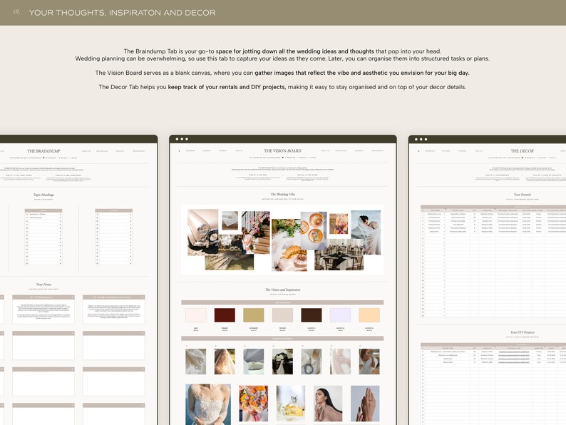 May include: Three computer screens showing a wedding planning website with tabs for "The Braindump", "The Vision Board", and "The Decor". The Vision Board tab shows a mood board with images of wedding decor, flowers, and dresses.