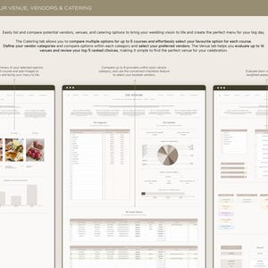 May include: Screenshot of a website with three tabs labeled "The Catering", "The Vendors", and "The Venue". Each tab contains a table with data about wedding vendors, venues, and catering options. The website is designed to help users plan their wedding.
