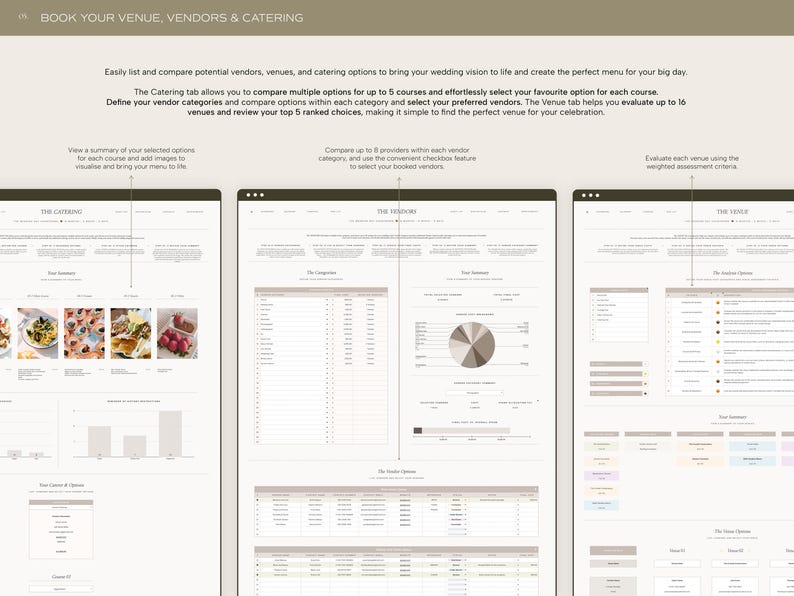 May include: Screenshot of a website with three tabs labeled "The Catering", "The Vendors", and "The Venue". Each tab contains a table with data about wedding vendors, venues, and catering options. The website is designed to help users plan their wedding.