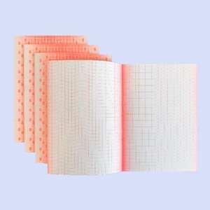 May include: An open notebook with red grid lines and a stack of graph paper sheets with a dotted pattern on the left. The pages are white with red grid lines. The paper has a light orange hue.