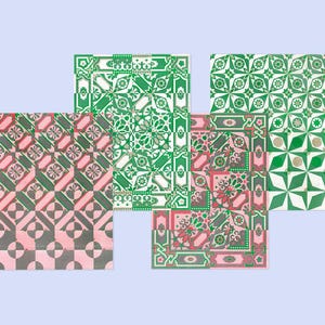 May include: Four patterned square tiles in shades of green, pink, and white are displayed against a light blue background. The tiles feature geometric and floral designs, with varying patterns and color combinations. The tiles are arranged in a visually appealing composition.