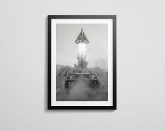 Impresión del Ferrari F40 / Arte de aviación del F-14 Tomcat / Arte mural automotriz en blanco y negro / Fotografía cinematográfica de autos / Bellas artes / Descarga digital