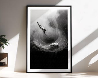Impresión enmarcada de un Mercedes 300SL Gullwing / Arte de aviación Corsair / Arte mural automotriz en blanco y negro / Fotografía cinematográfica / Impresión de bellas artes