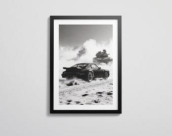 Impresión digital del Porsche 964 Turbo: Arte automovilístico de guerra en el desierto / Póster cinematográfico automotriz en blanco y negro / Descarga digital