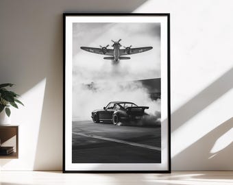 Impresión enmarcada del Porsche 964 Turbo: arte mural de aviación de guerra / Póster de coche en blanco y negro / Decoración cinematográfica para el hogar / Regalo para él