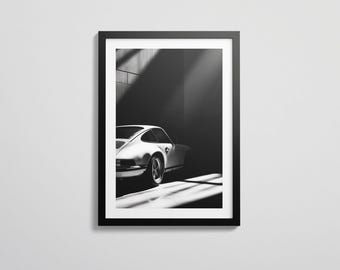 Impresión monocromática del Porsche 911 / Arte mural de Porsche en blanco y negro / Fotografía minimalista de coches clásicos / Descarga digital