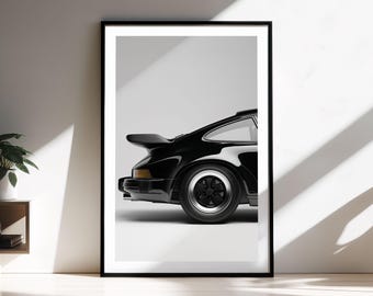 Impresión enmarcada del Porsche 964 Turbo: arte mural de coches clásicos, póster de coches en blanco y negro, decoración cinematográfica para el hogar y fotografía automotriz.