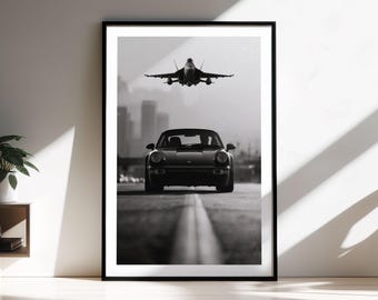 Impresión enmarcada del Porsche 964: arte mural de aviones de combate, fotografía de aviación y automóviles, decoración monocromática para el hogar, bellas artes en blanco y negro.
