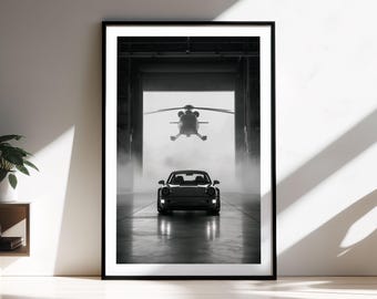 Impresión enmarcada del Porsche 964: póster de arte de aviación en helicóptero, arte mural de coches clásicos, decoración cinematográfica para el hogar, coches de lujo