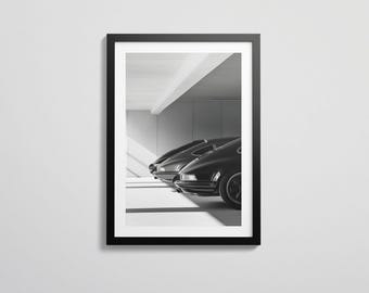 Impresión minimalista de un Porsche vintage / Arte mural de un Porsche 911 en blanco y negro / Fotografía de coches clásicos / Descarga digital