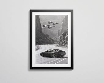 Impresión de Ferrari F355 / Arte de aviación de los Blue Angels / Arte mural automotriz en blanco y negro / Fotografía cinematográfica de autos / Descarga digital