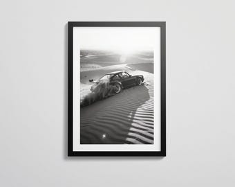 Impresión digital del Porsche 964 Turbo – Desert Automotive Art / Póster cinematográfico de coche en blanco y negro / Descarga instantánea