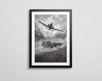 Impresión del Lamborghini Countach / Arte de aviación del A-10 Warthog / Arte mural automotriz en blanco y negro / Fotografía cinematográfica de autos / Descarga digital
