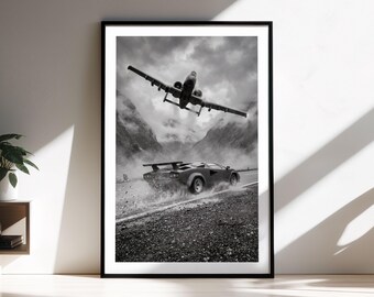 Impresión enmarcada del Lamborghini Countach / Arte de aviación del A-10 Warthog / Arte mural automotriz en blanco y negro / Fotografía cinematográfica de automóviles / Bellas artes