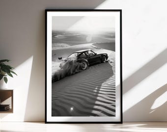 Impresión enmarcada del Porsche 964 Turbo: Arte mural automovilístico en el desierto / Fotografía cinematográfica de coches en blanco y negro / Decoración de lujo para el hogar