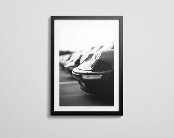 Impresión monocromática de la alineación del Porsche 911 / Arte mural de Porsche en blanco y negro / Fotografía minimalista de coches clásicos / Descarga digital
