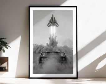 Impresión enmarcada del Ferrari F40 / Arte de aviación del F-14 Tomcat / Arte mural automotriz en blanco y negro / Fotografía cinematográfica de automóviles / Impresión de bellas artes