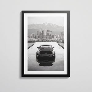 Porsche 911 Black & White Infinity Pool Print – Los Angeles Skyline Poster | Modern Car Wall Art | Minimalist | Fine Art | Digital Download