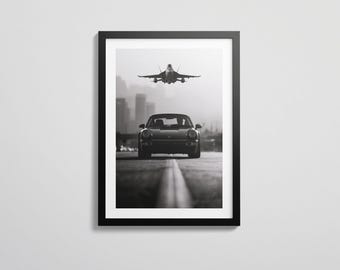 Impresión de Porsche 964: Arte mural de aviones de combate / Fotografía de aviación y automóviles / Decoración monocromática para garajes / Arte automotriz / Descarga digital