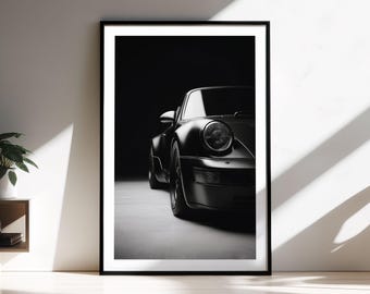 Impresión enmarcada del Porsche 911: arte mural minimalista en blanco y negro / fotografía cinematográfica automotriz / decoración de lujo para el hogar / arte minimalista de automóviles