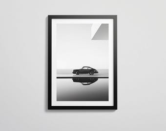 Impresión de reflejo del Porsche 911 / Arte mural minimalista de coche en blanco y negro / Fotografía automotriz moderna / Descarga digital