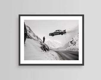 Impresión del Porsche 964 Turbo Mountain Jump: póster alpino invernal / Arte mural de coches clásicos / Póster cinematográfico en blanco y negro / Descarga digital